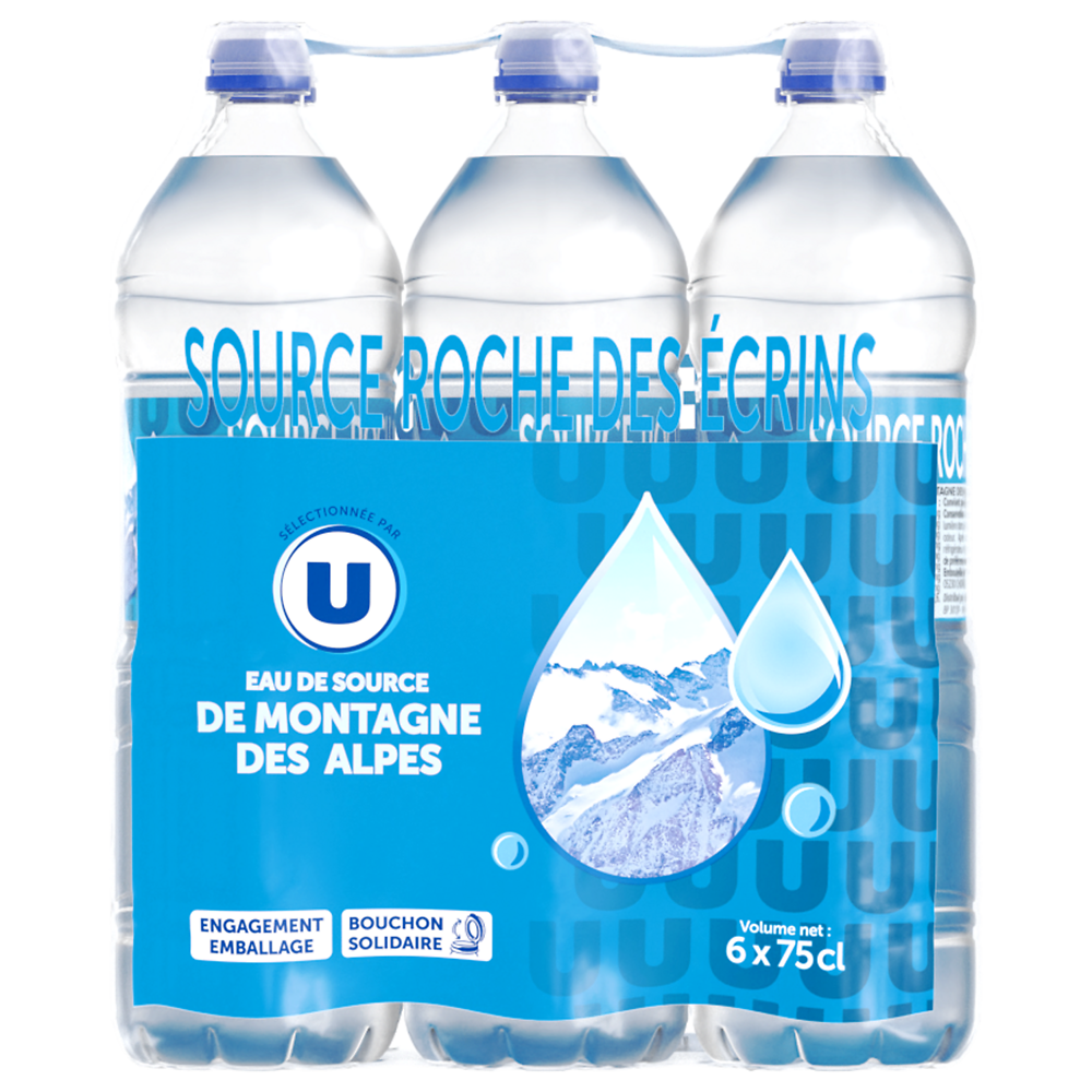 U Eau de source montagne des Alpes  6 bouteilles bouchon sport de 75cl