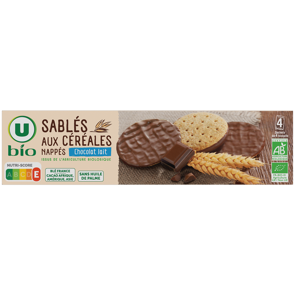 U BIO Biscuits Sablés bio céréales nappés chocolat au lait paquet de 200g