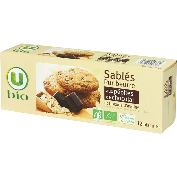 U BIO Biscuits Sablés bio pur beurre pépites chocolat et flocons avoine - Boîte 200g