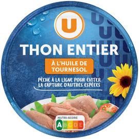U Thon entier à l'huile de tournesol pêché canne  boîte de 160g