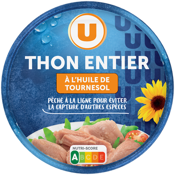 U Thon entier à l'huile de tournesol pêché canne  boîte de 160g