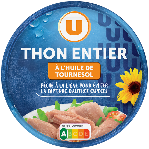 U Thon entier à l'huile de tournesol pêché canne  boîte de 160g