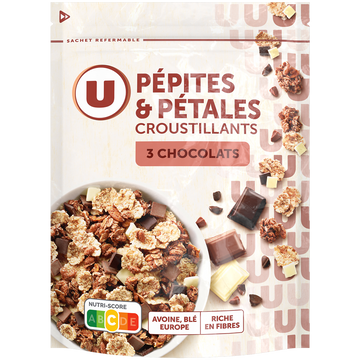 U Céréales Pépites et pétales aux 3 chocolats paquet de 400g