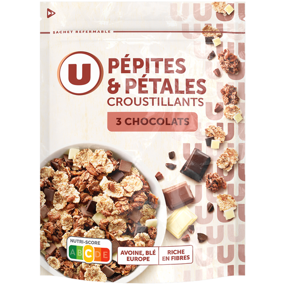 U Céréales Pépites et pétales aux 3 chocolats paquet de 400g