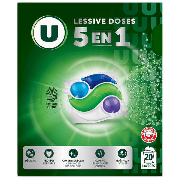 U Lessive en doses - 5 en 1 - 20 lavages - 420 g