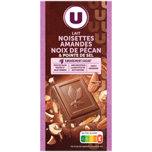 U Chocolat au lait aux amandes,noisettes et noix de pécan et pointe de sel Tablette de 200g