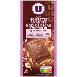 U Chocolat au lait aux amandes,noisettes et noix de pécan et pointe de sel  Tablette de 200g