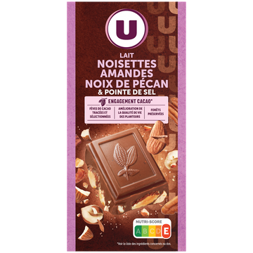 U Chocolat au lait aux amandes,noisettes et noix de pécan et pointe de sel  Tablette de 200g