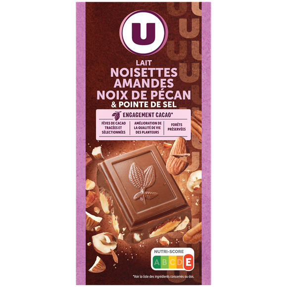 U Chocolat au lait aux amandes,noisettes et noix de pécan et pointe de sel  Tablette de 200g