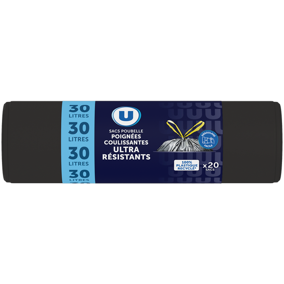 U Sacs poubelle ultra résistant 100% recyclé liens coulissants - 30L -x20