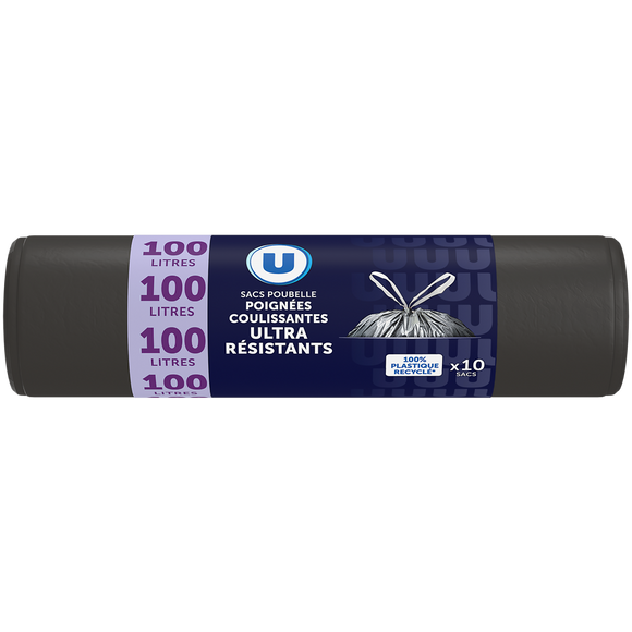 U Sacs poubelle ultra résistants 100% recyclé liens coulissants  x10,100l
