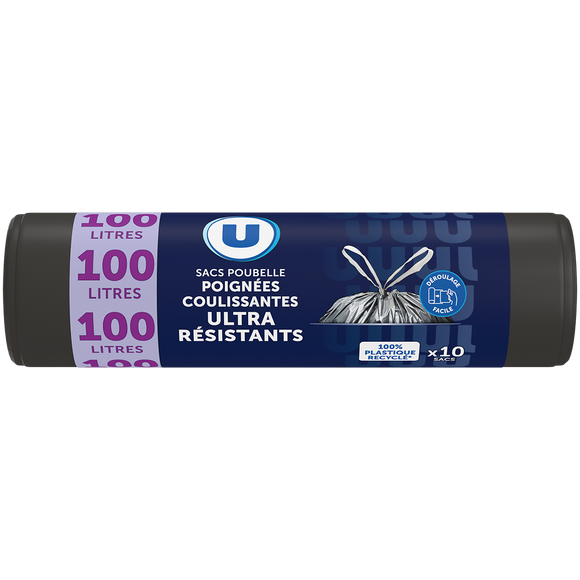 U Sacs poubelle ultra résistants 100% recyclé liens coulissants - 100L -x10