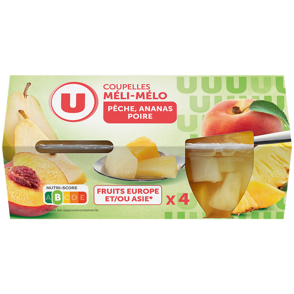 U Coupelles Méli mélo de fruits à la pêche, poire et ananas 4x65g