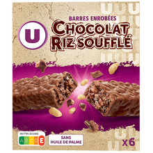U Barres de céréales enrobées de chocolat au riz souflé 6 unités, 150g