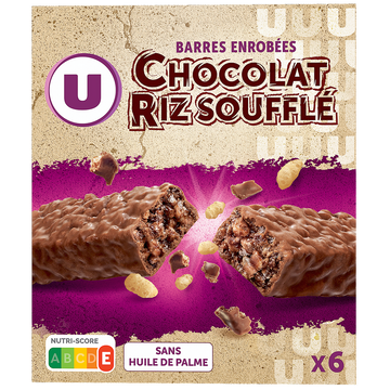 U Barres de céréales enrobées de chocolat au riz souflé 6 unités, 150g