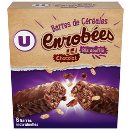 U Barres de céréales enrobées de chocolat au riz souflé  6 unités, 150g