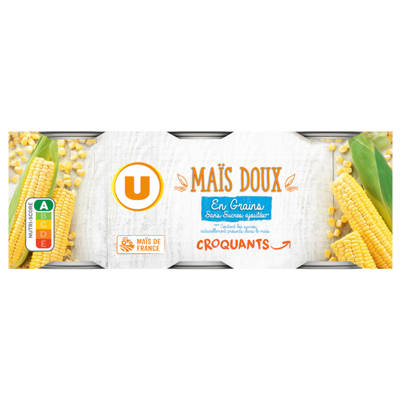 U Maïs doux en grains sans sucre ajouté - 3 boîtes de 140g