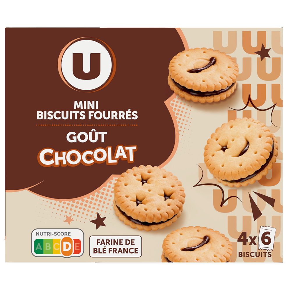 U Mini biscuits fourrés ronds parfum chocolat 4x6, 168g