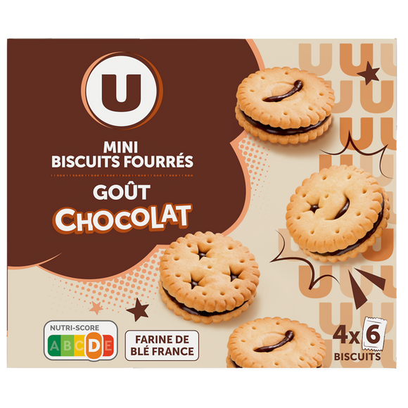 U Mini biscuits fourrés ronds parfum chocolat 4x6, 168g