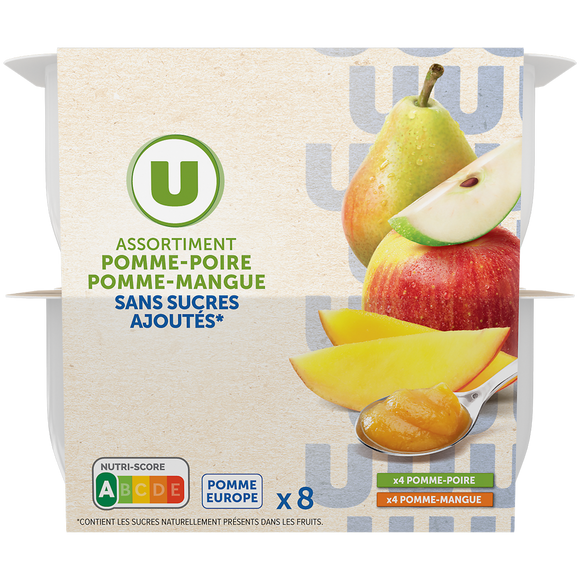 U Dessert fruitier coupelle 4 pommes-poires 4 pommes-mangues sans sucreajouté8x100g