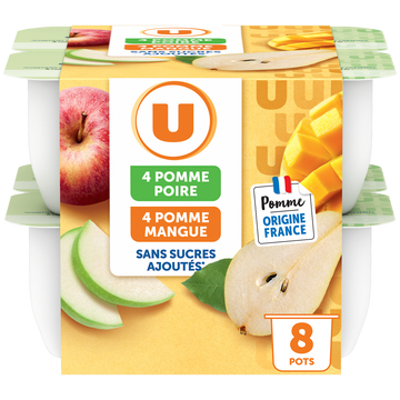 U Dessert fruitier coupelle 4 pommes-poires 4 pommes-mangues sans sucreajouté8x100g