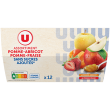 U Dessert fruitier coupelle 6 pommes-abricots, 6 pommes-fraises sans sucre ajouté 12x100g