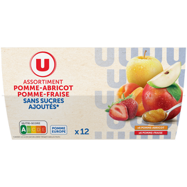U Dessert fruitier coupelle 6 pommes-abricots, 6 pommes-fraises sans sucre ajouté 12x100g