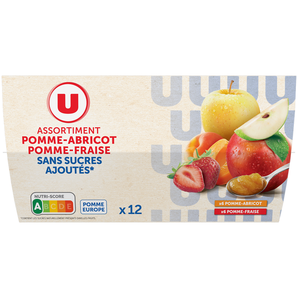 U Dessert fruitier coupelle 6 pommes-abricots, 6 pommes-fraises sans sucre ajouté 12x100g