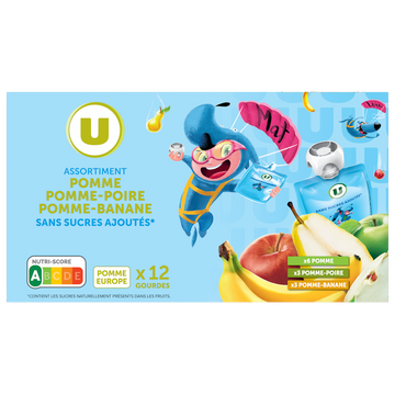 U MAT ET LOU Gourdes dessert fruitier pomme-pomme poire pomme-banane sans sucre ajouté 12x90g
