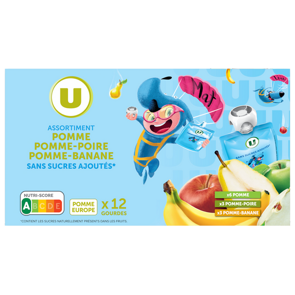U MAT ET LOU Gourdes dessert fruitier pomme-pomme poire pomme-banane sans sucre ajouté 12x90g