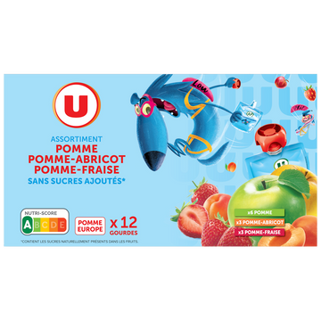U Gourdes dessert fruitier pomme-pomme abricot pomme-fraise sans sucre ajouté 12x90g