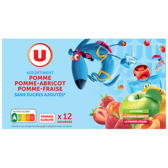 U Gourdes dessert fruitier pomme-pomme abricot pomme-fraise sans sucre ajouté 12x90g