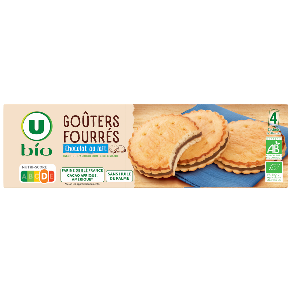 U BIO Gâteaux Goûters bio fourrés chocolat au lait 185g