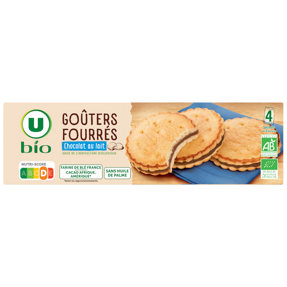 U BIO Gâteaux Goûters bio fourrés chocolat au lait 185g