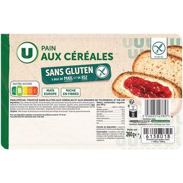 U SANS GLUTEN Pain tranché sans gluten aux céréales et aux graines de tournesol et de lin U SANS GLUTEN 260g
