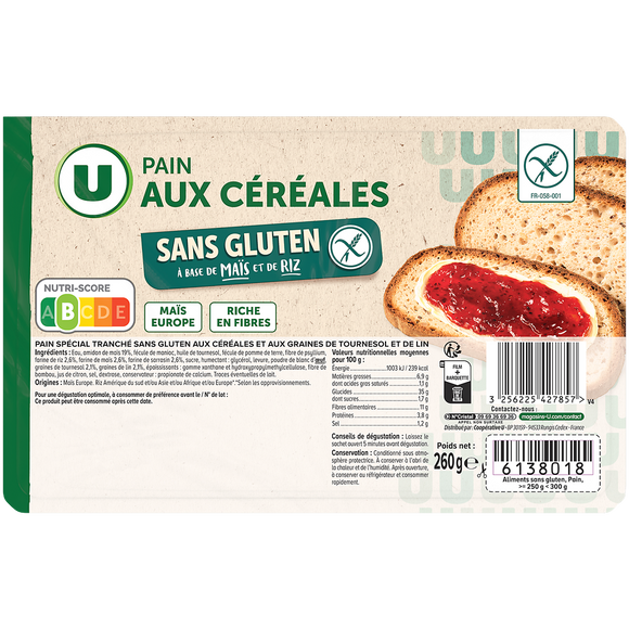 U SANS GLUTEN Pain tranché sans gluten aux céréales et aux graines de tournesol et de lin U SANS GLUTEN 260g