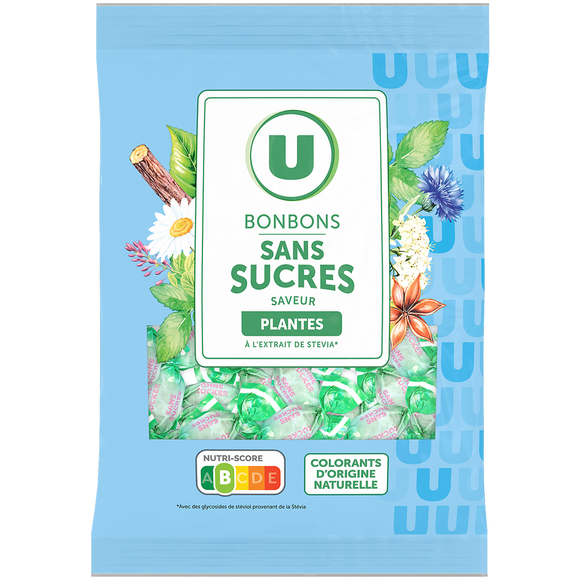 U Bonbons aux plantes et à l'extrait de stevia sans sucre sachet de 120g