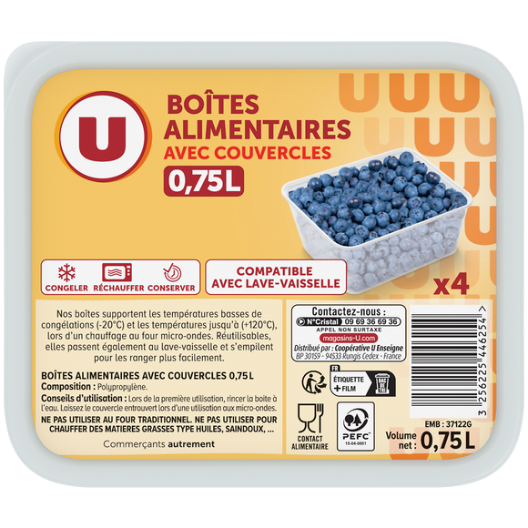 U Boîtes plastiques micro onde,  4x0,75 litres