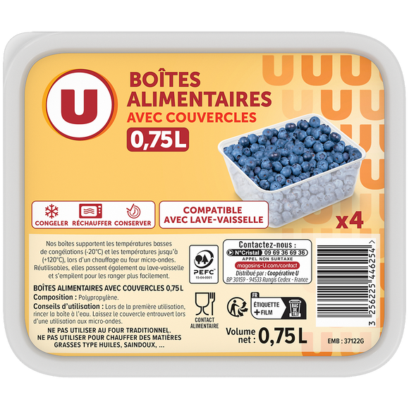 U Boîtes plastiques micro onde, 4x0,75 litres