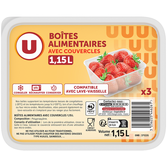 U Boîtes plastiques micro-ondes 3x1,15 litres