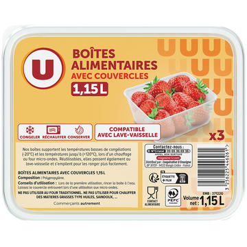U Boîtes plastiques micro-ondes 3x1,15 litres
