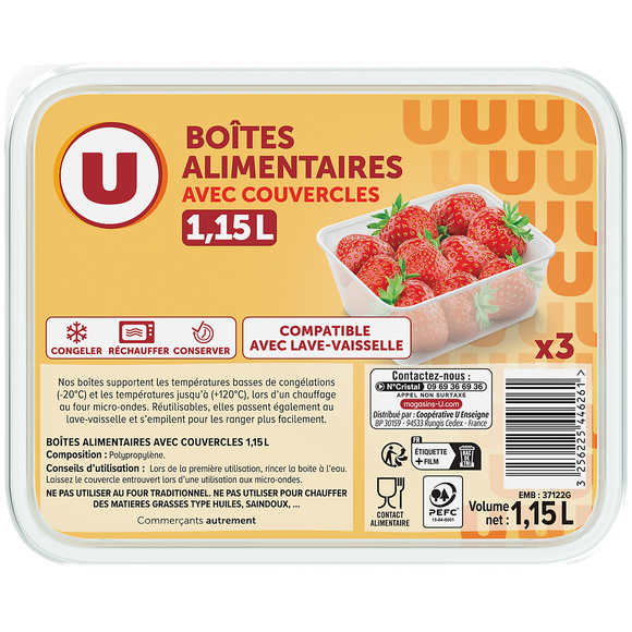 U Boîtes plastiques micro-ondes 3x1,15 litres