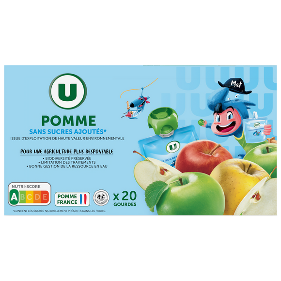U MAT ET LOU Gourdes dessert fruitier à la pomme sans sucres ajoutés 20x90g