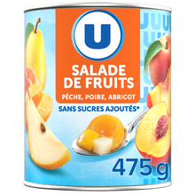 U Mélange fruits sans sucre ajoutés de pêches, poires, abricots au jus de raison à base de concentré 475g