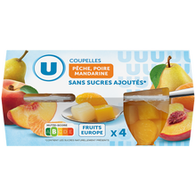 U Coupelles pêche,poire et mandarine sans sucre ajoutés x4, 260g
