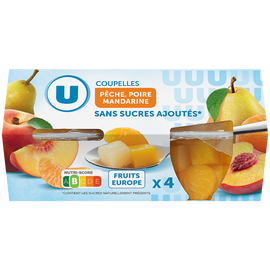 U Coupelles pêche,poire et mandarine sans sucre ajoutés  x4, 260g