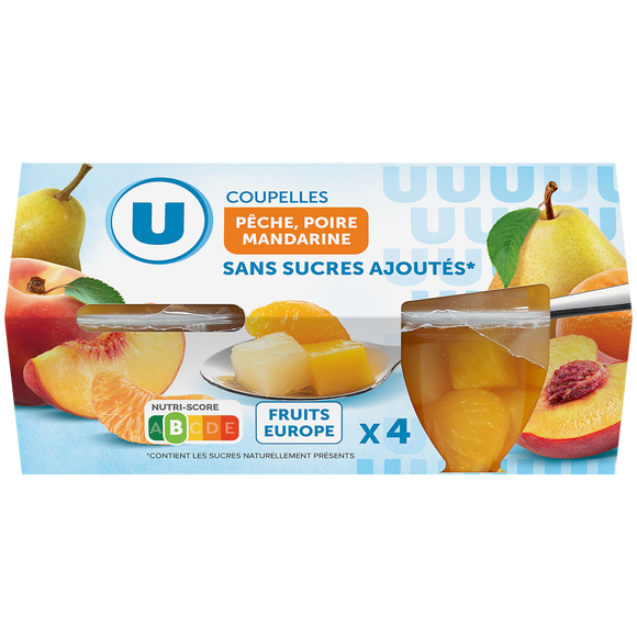 U Coupelles pêche,poire et mandarine sans sucre ajoutés  x4, 260g