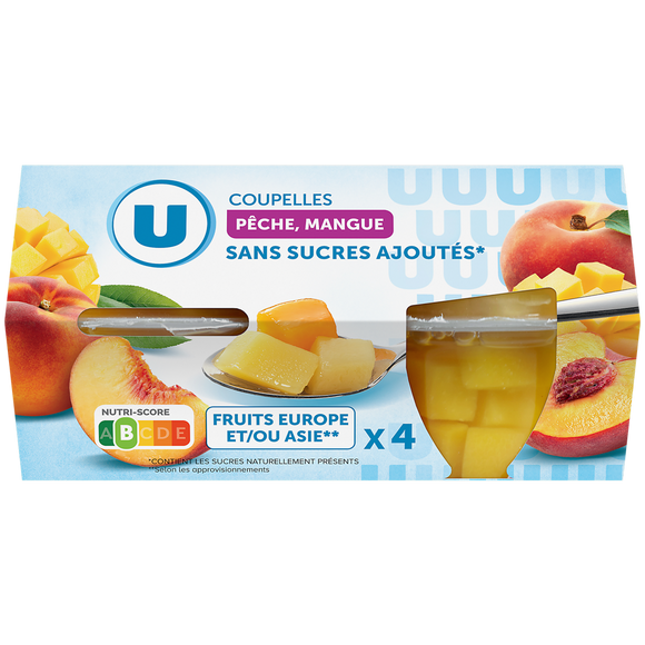 U Coupelles pêche et mangue sans sucre ajoutés  x4, 260g