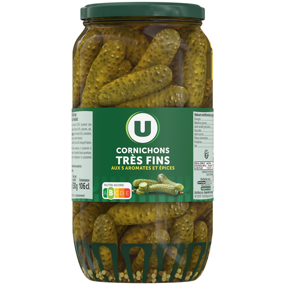 U Cornichons très fins pasteurisés au vinaigre  bocal de 530g