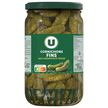 U Cornichons fins pasteurisés au vinaigre  bocal de 360g